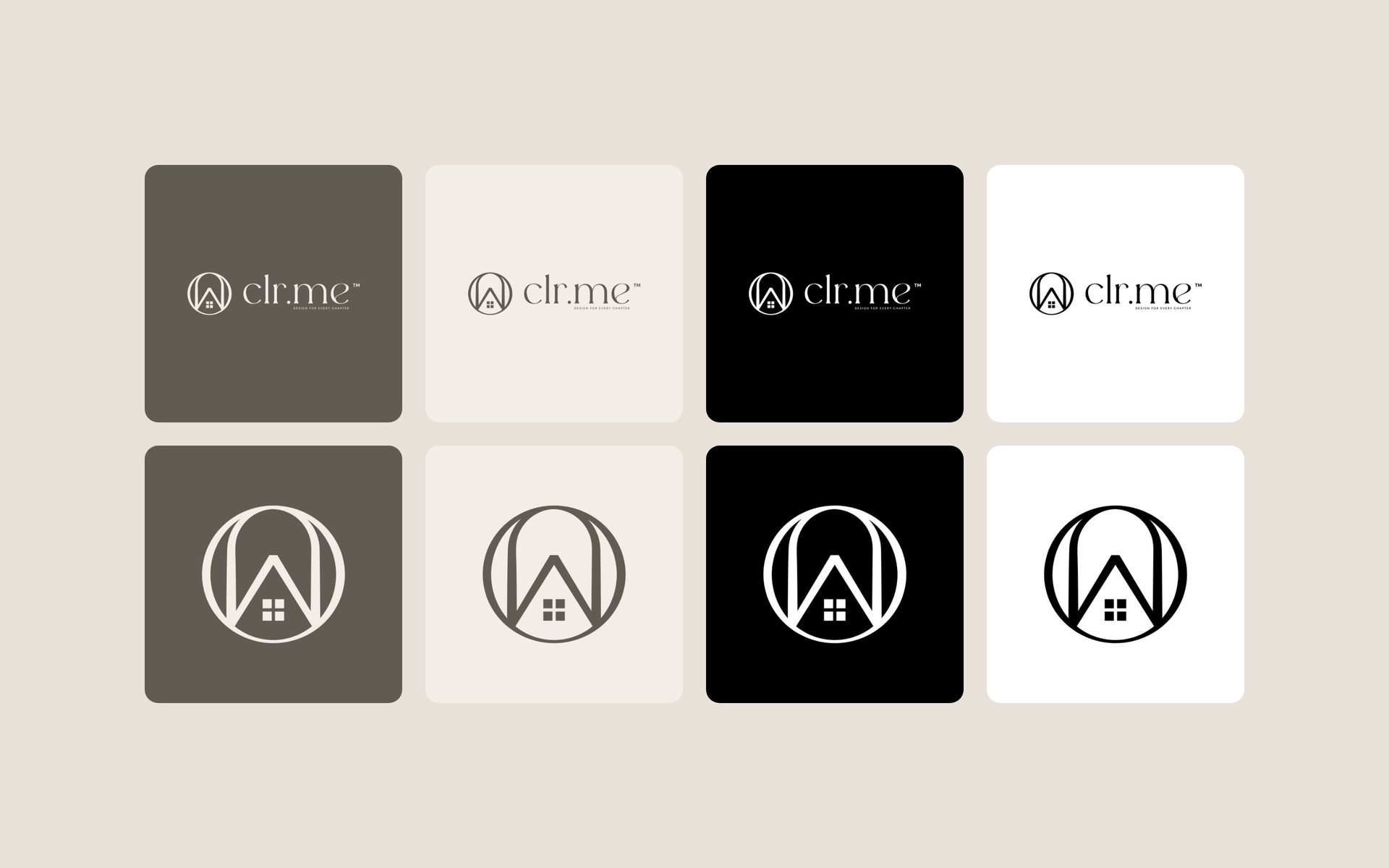 Eight versions of the clr.me logo and mark