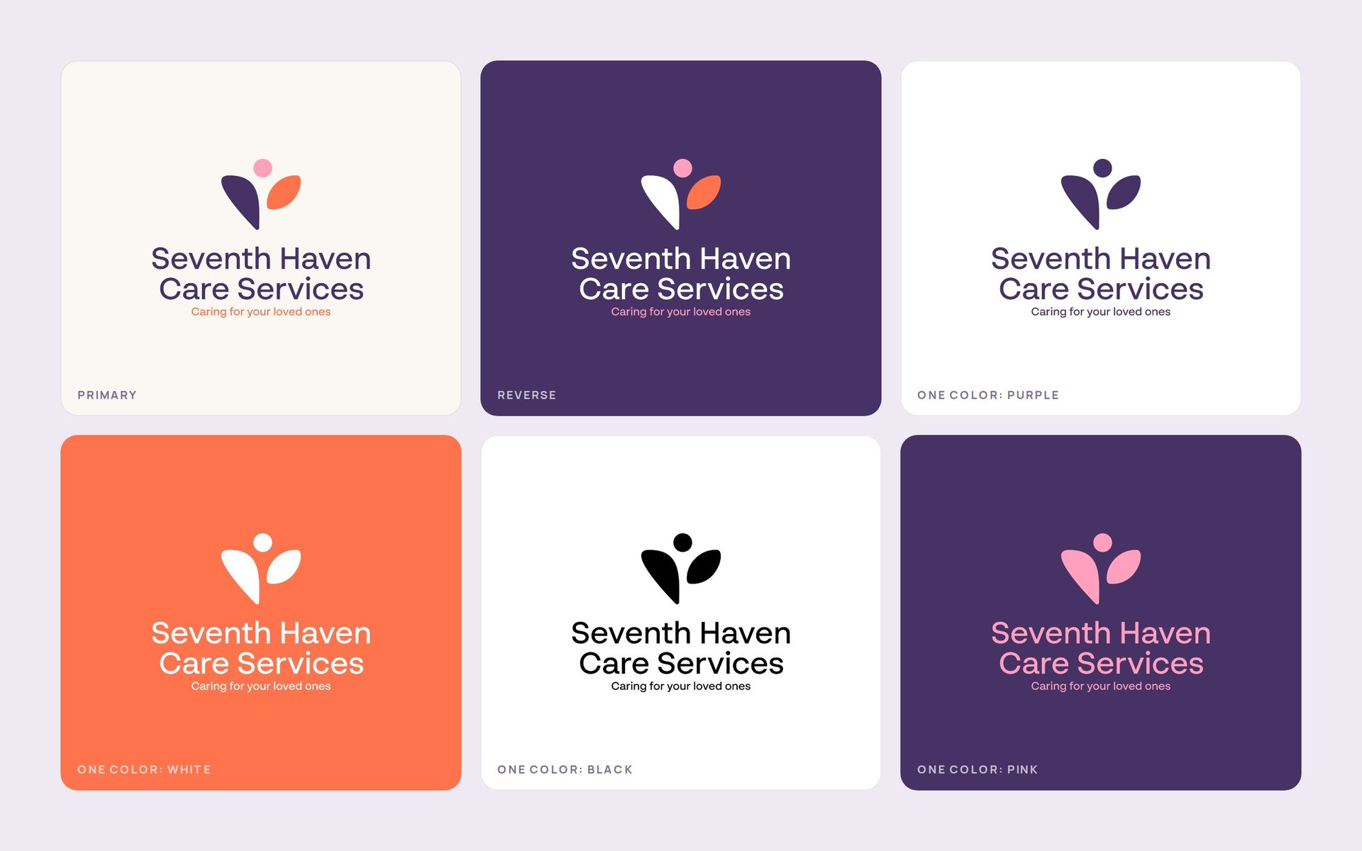 Six versions of the Seventh Haven logo on different backgrounds