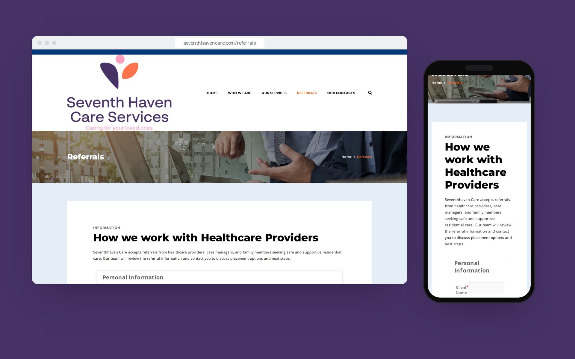 Seventh Haven referrals page on desktop and mobile